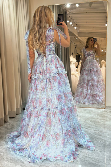 White Floral Print A Line Princess Prom Dress with Pleated